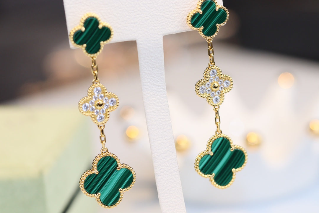 ¡®Veyra Jewelry¡¯CLOVER EARRINGS GOLD MALACHITE DIAMOND 3 MOTIF