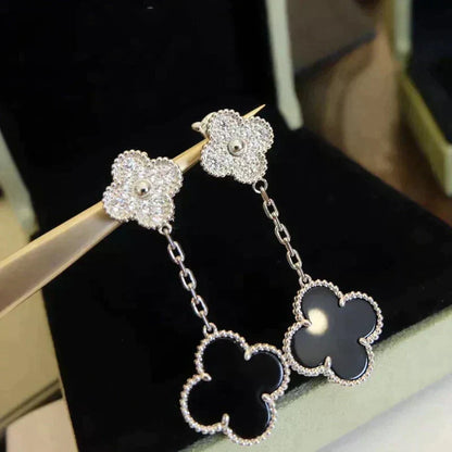 ¡®Veyra Jewelry¡¯CLOVER 2 MOTIFS  DIAMOND ONYX EARRINGS SILVER