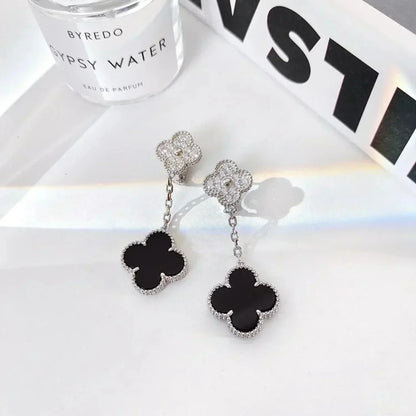 ¡®Veyra Jewelry¡¯CLOVER 2 MOTIFS  DIAMOND ONYX EARRINGS SILVER