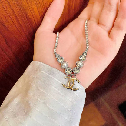 [Veyra Jewelry]Double C Necklace with Pearls & Cubic Zirconia