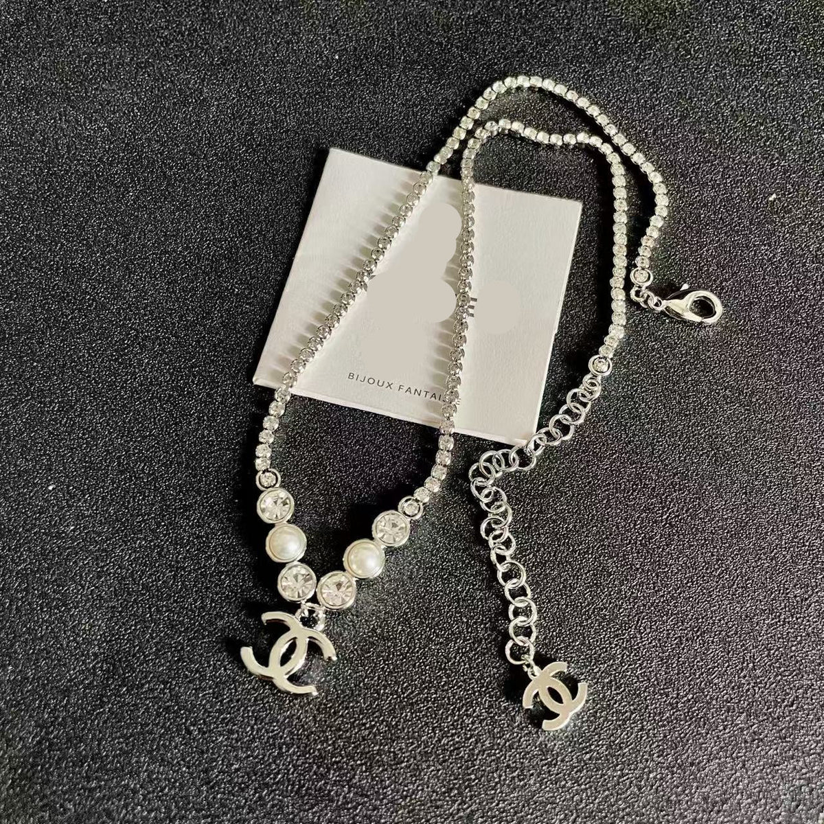 [Veyra Jewelry]Double C Necklace with Pearls & Cubic Zirconia