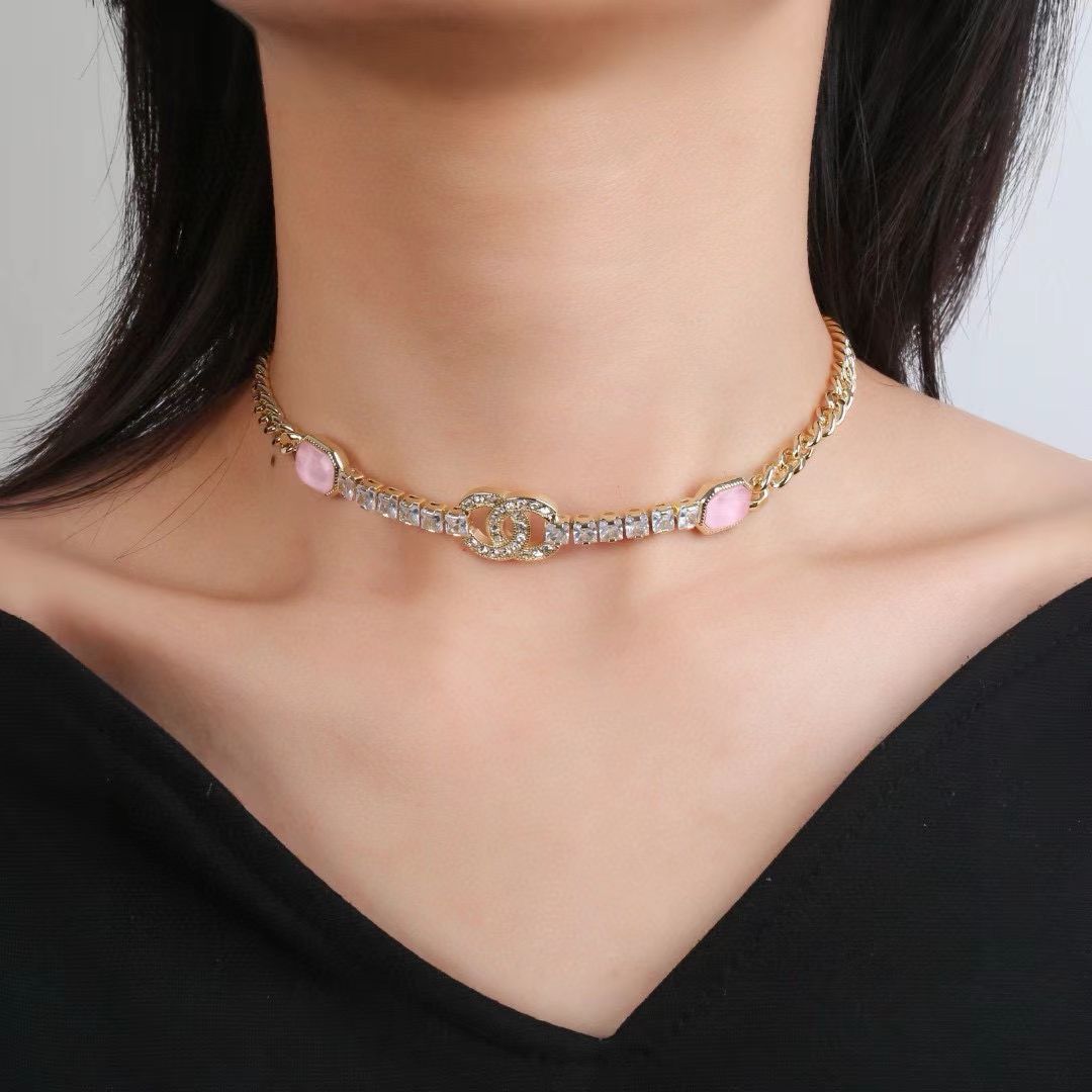 [Veyra Jewelry]Pink Sugar Cube Double CC Crystal Choker