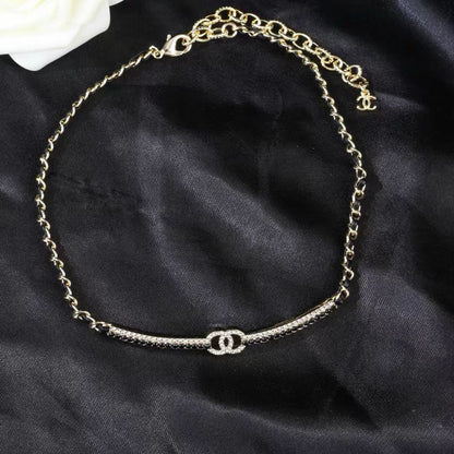 [Veyra Jewelry]Black Leather Interwoven Crystal CC Choker Necklace