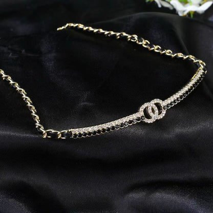 [Veyra Jewelry]Black Leather Interwoven Crystal CC Choker Necklace