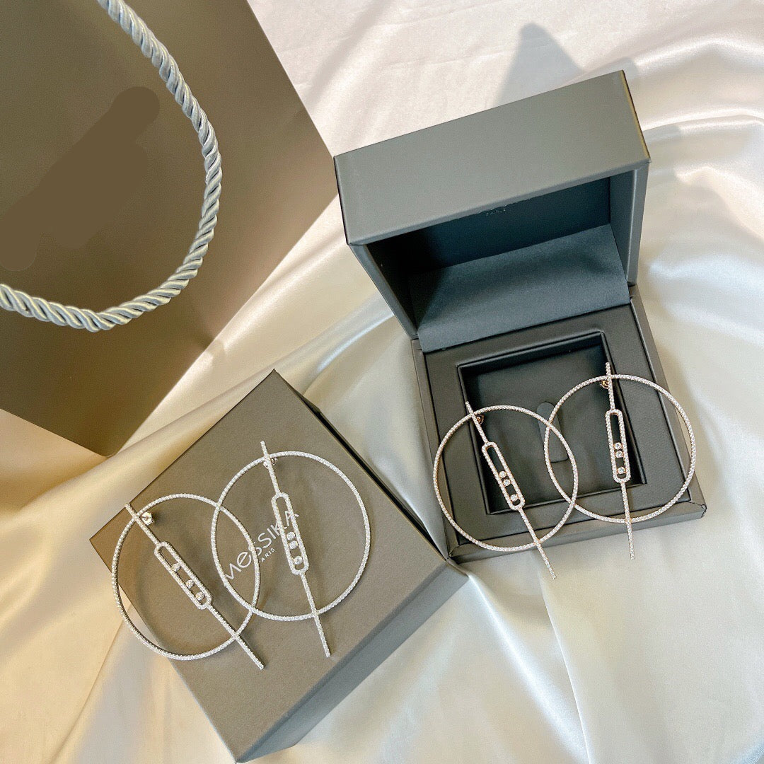 [Veyra Jewelry]Move Large Hoop Earrings, Three Sliding Diamonds