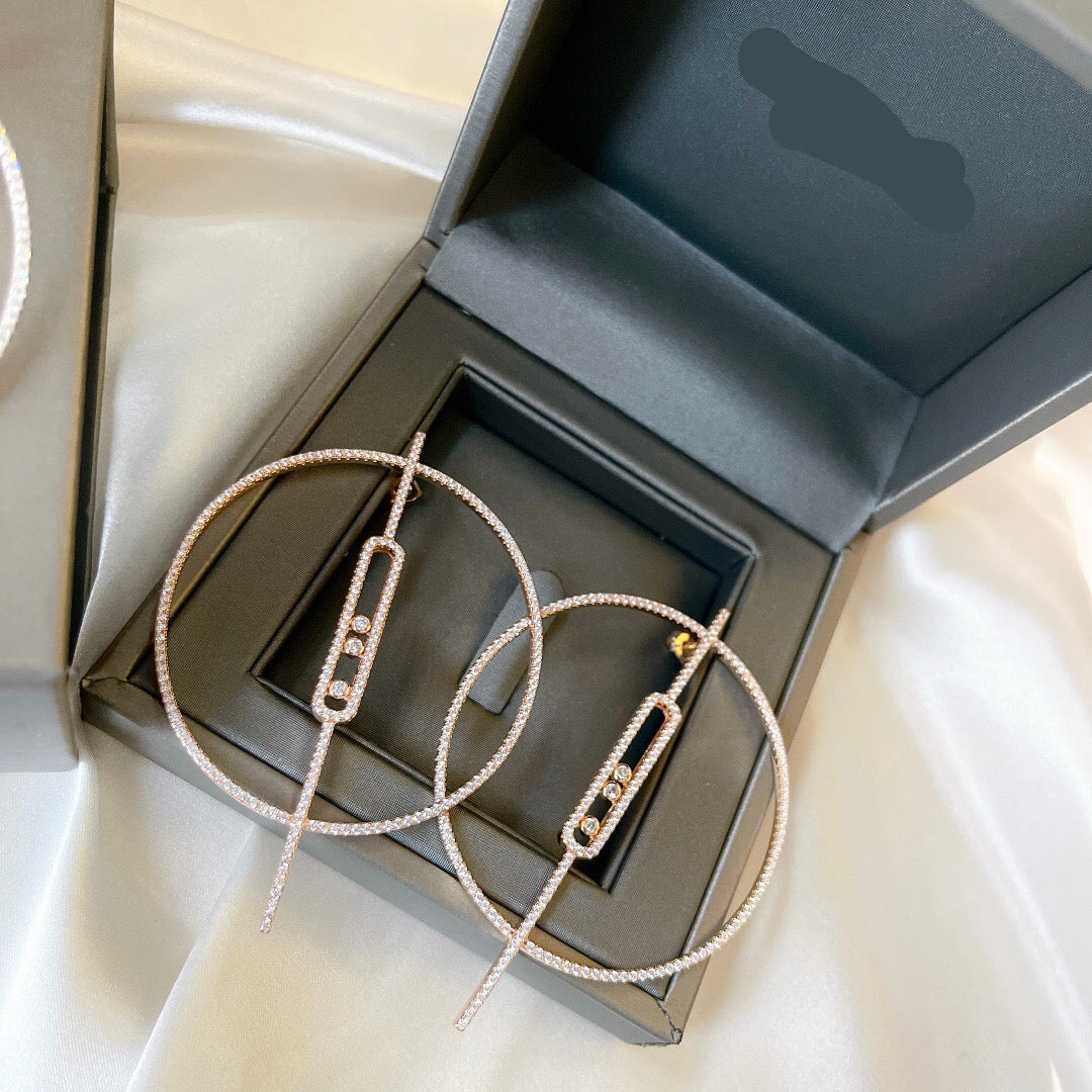 [Veyra Jewelry]Move Large Hoop Earrings, Three Sliding Diamonds