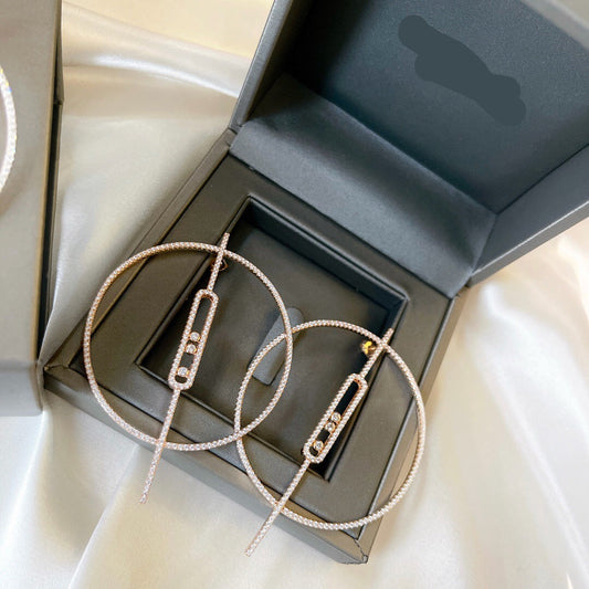 [Veyra Jewelry]Move Large Hoop Earrings, Three Sliding Diamonds