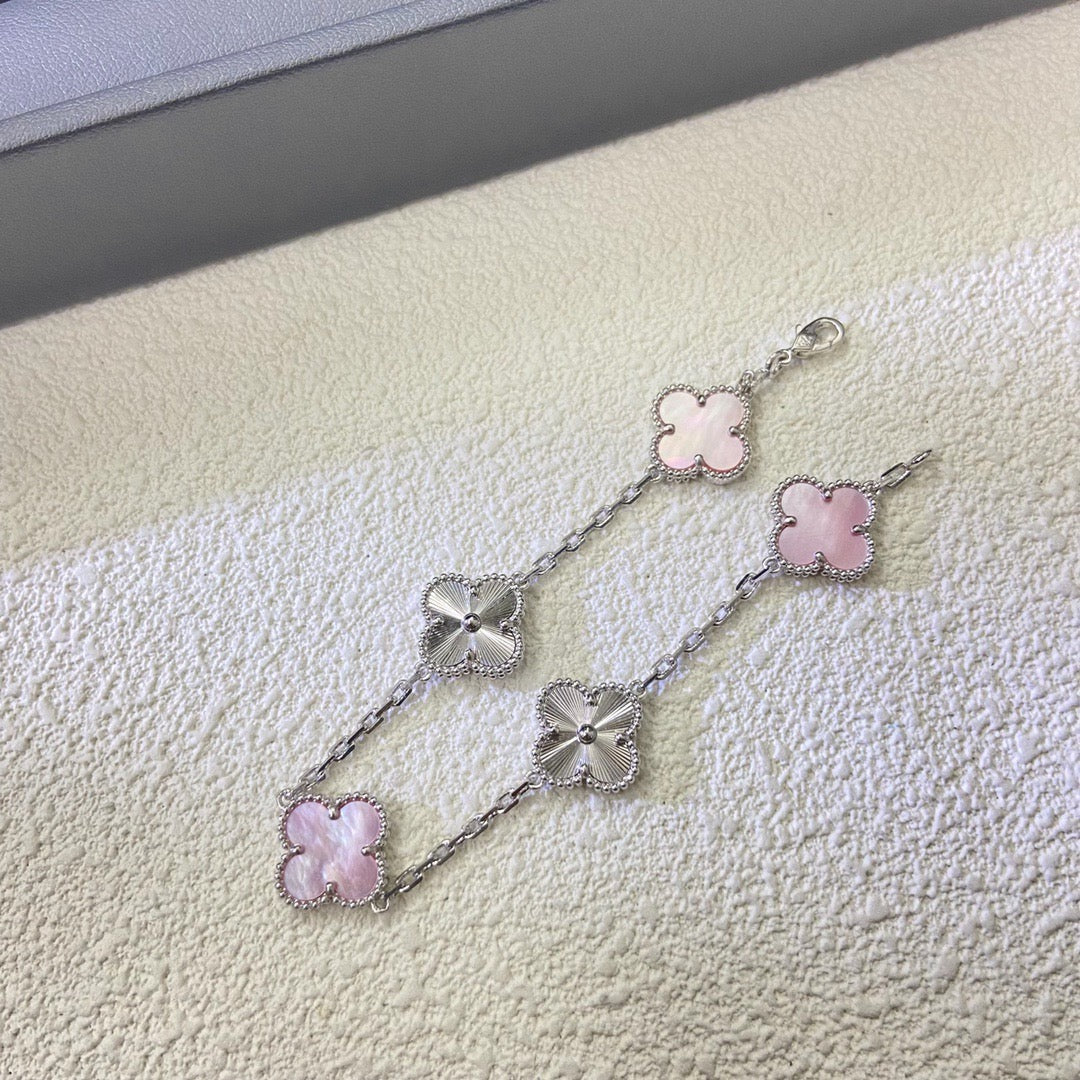 [Veyra Jewelry]Vintage Alhambra Pink MOP & Guilloché 5‑Flower Bracelet