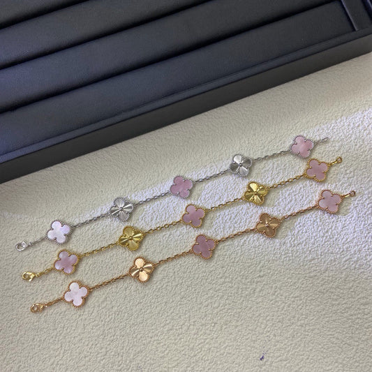 [Veyra Jewelry]Vintage Alhambra Pink MOP & Guilloché 5‑Flower Bracelet