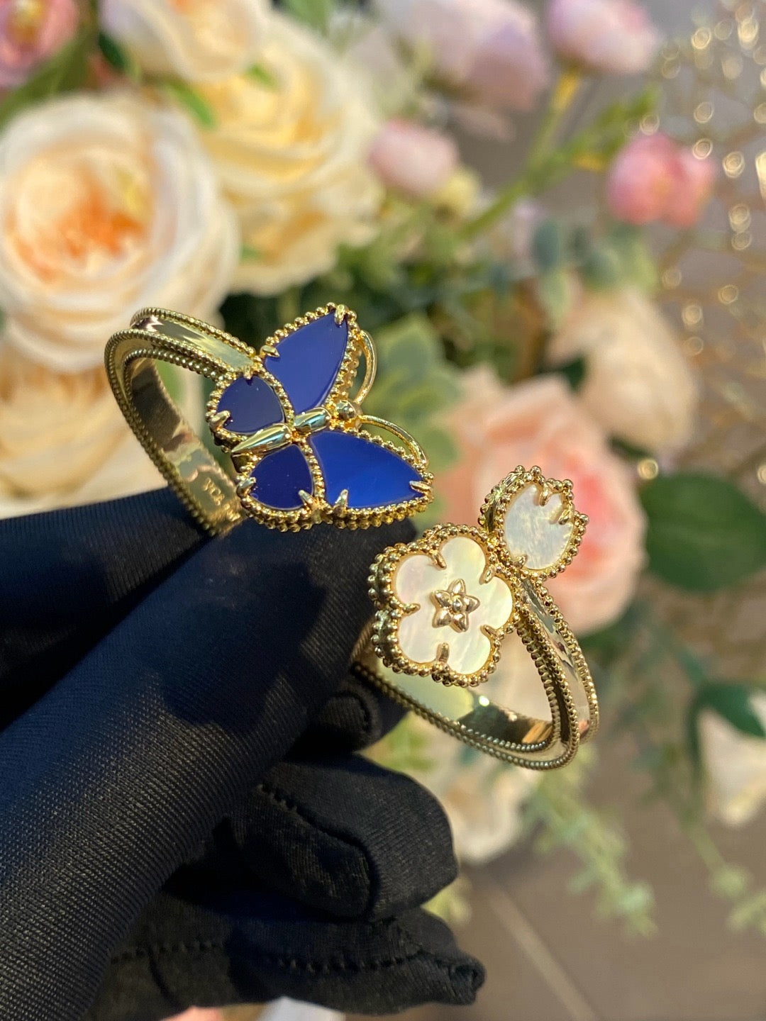 ¡®Veyra Jewelry¡¯Lucky Alhambra Butterfly & Clover Open Bangle, Blue Onyx & White MOP Gold‑Tone