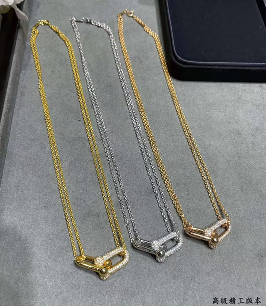 [Veyra Jewelry]T House Diamond-Set Double Chain Link Pendant Necklace