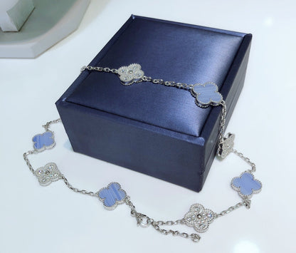 ¡®Veyra Jewelry¡¯CLOVER 10 MOTIFS CHALCEDONY DIAMONDS SILVER NECKLACE